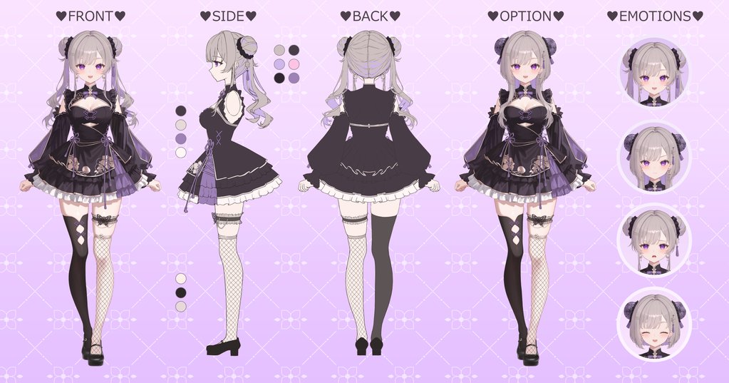 ゴシック調のメイド服を着た銀髪の少女を、正面・側面・背面・表情差分で並べた設定画