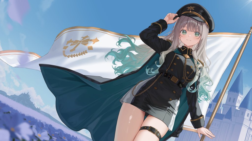 軍服風の制服を着た少女が旗を掲げ、青空の下で帽子に手をやる